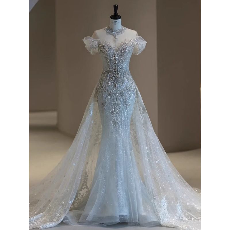 New 2025 Bridal Light Gauze Welcome Petite Gauze Mermaid Wedding Dress Bridal Heavy-Duty Going Out Gauze One-Shoulder Dress