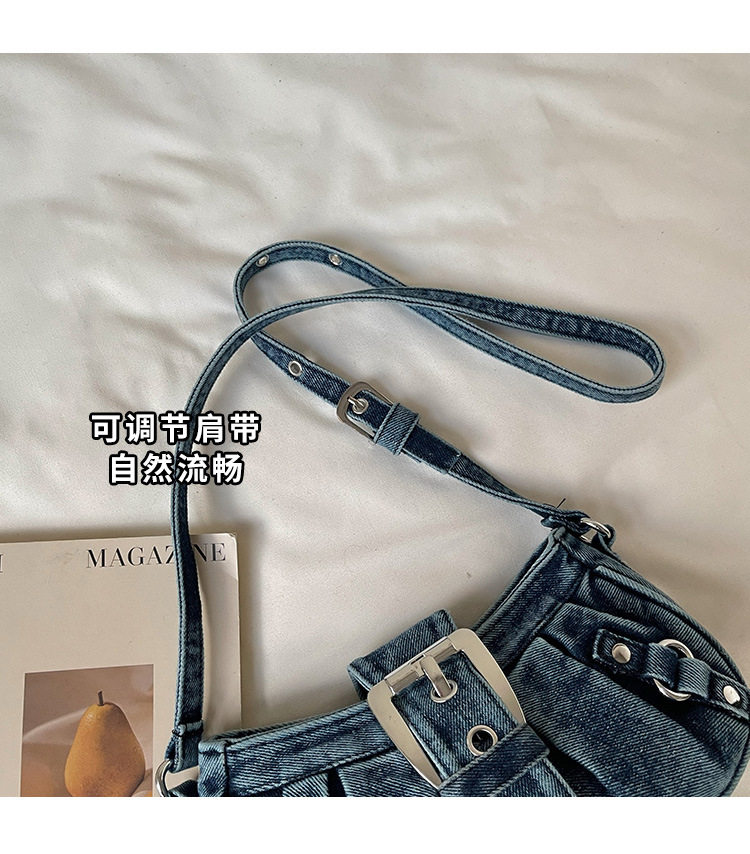 Túi đeo chéo nữ dáng hộp nhỏ kẹp nách vải denim xếp nếp phong cách Hàn Quốc — Cao bồi xanh, Màu xanh cổ điển, đen chi tiết 6