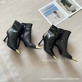 高品质YS~2025新款高跟靴细跟9cm金属小方头性感气质时髦百搭短靴