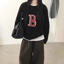 2025冬季新韩国东大门th*Bar*net八奶气质圆领套头撞色字母毛衣女