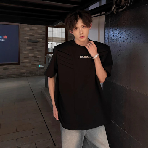 Original Design Men's T-Shirt with Multi-Layer Structure, Padded Shoulder, Short-Sleeve Summer American Heavyweight Half-Sleeve