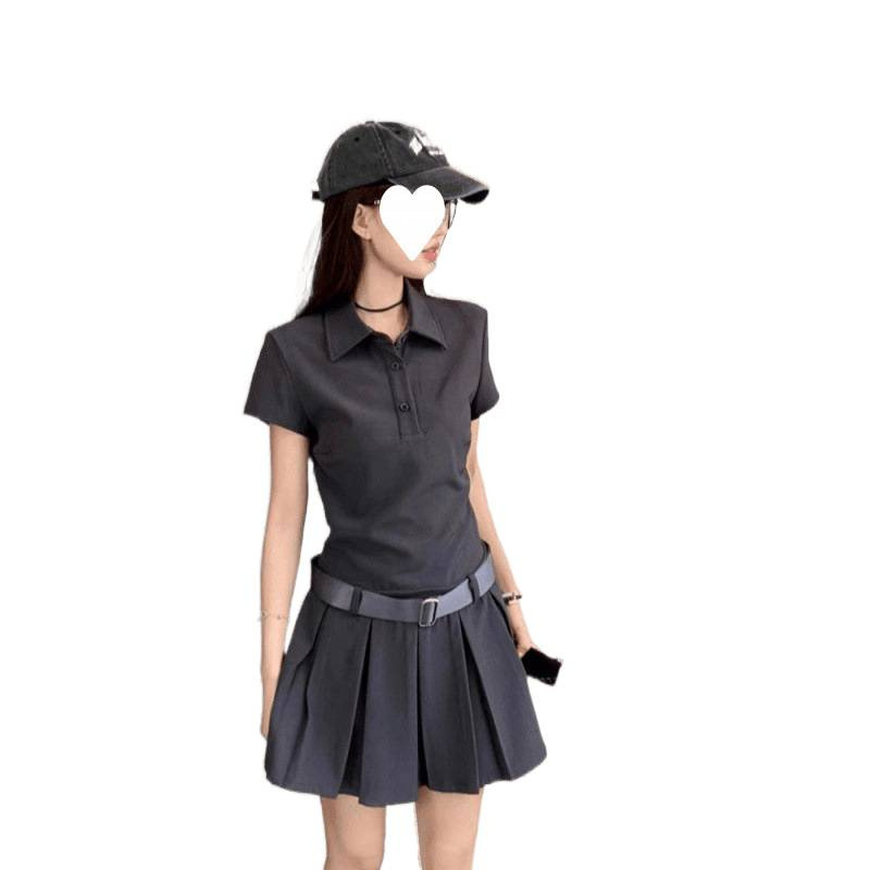 法式美式灰色polo领短袖T恤连衣裙夏季女小个子修身显瘦A字百褶裙|undefined
