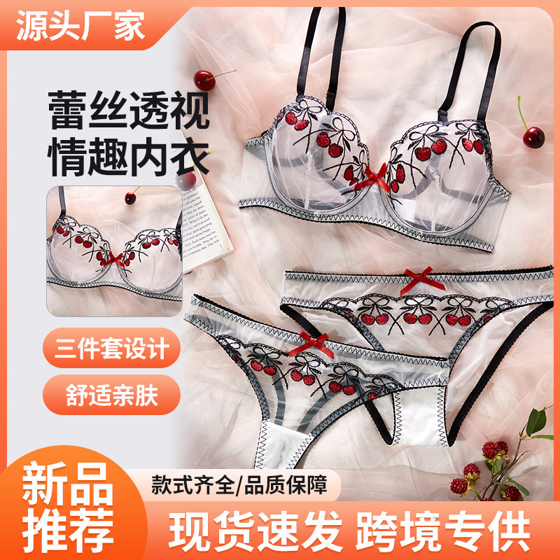 2025 New Cross-Border Sexy Lace Sexy Suit Mesh Cherry Embroidered Bra Thong Underwear Two Pack 2025 New Cross-Border Sexy Lace Sexy Suit Mesh Cherry Embroidered Bra Thong Underwear Two Pack