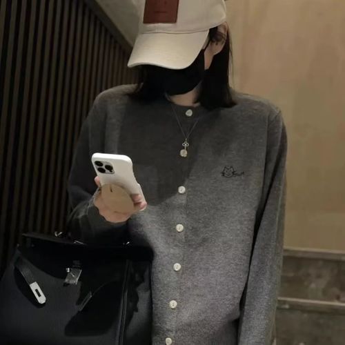 Academic Style Korean Embroidered Long-Sleeve Cable Knit Cardigan Spring New Arrival Gray Fitted Short-Sleeve Outerwear Top