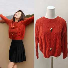 明星李沁同款砖红色圆领针织衫女秋冬新款设计感钩花打底套头毛衣