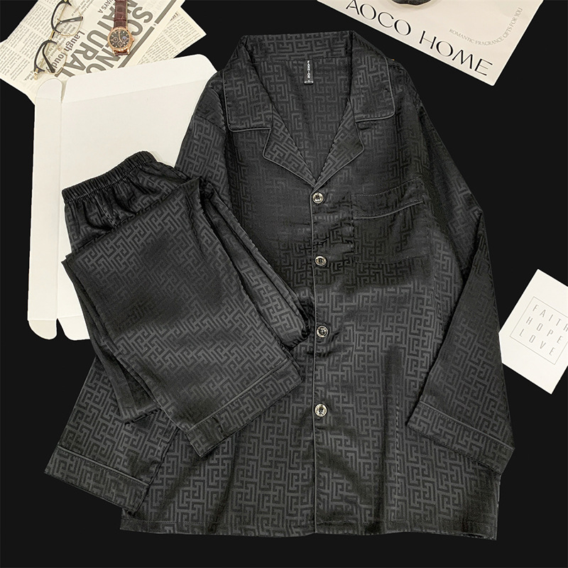 Autumn and Winter Long Pants Silk Casual Cardigan Ice Silk Suit Long-Sleeve Men's Long Pants Simple Comfortable Fashion Loungewear