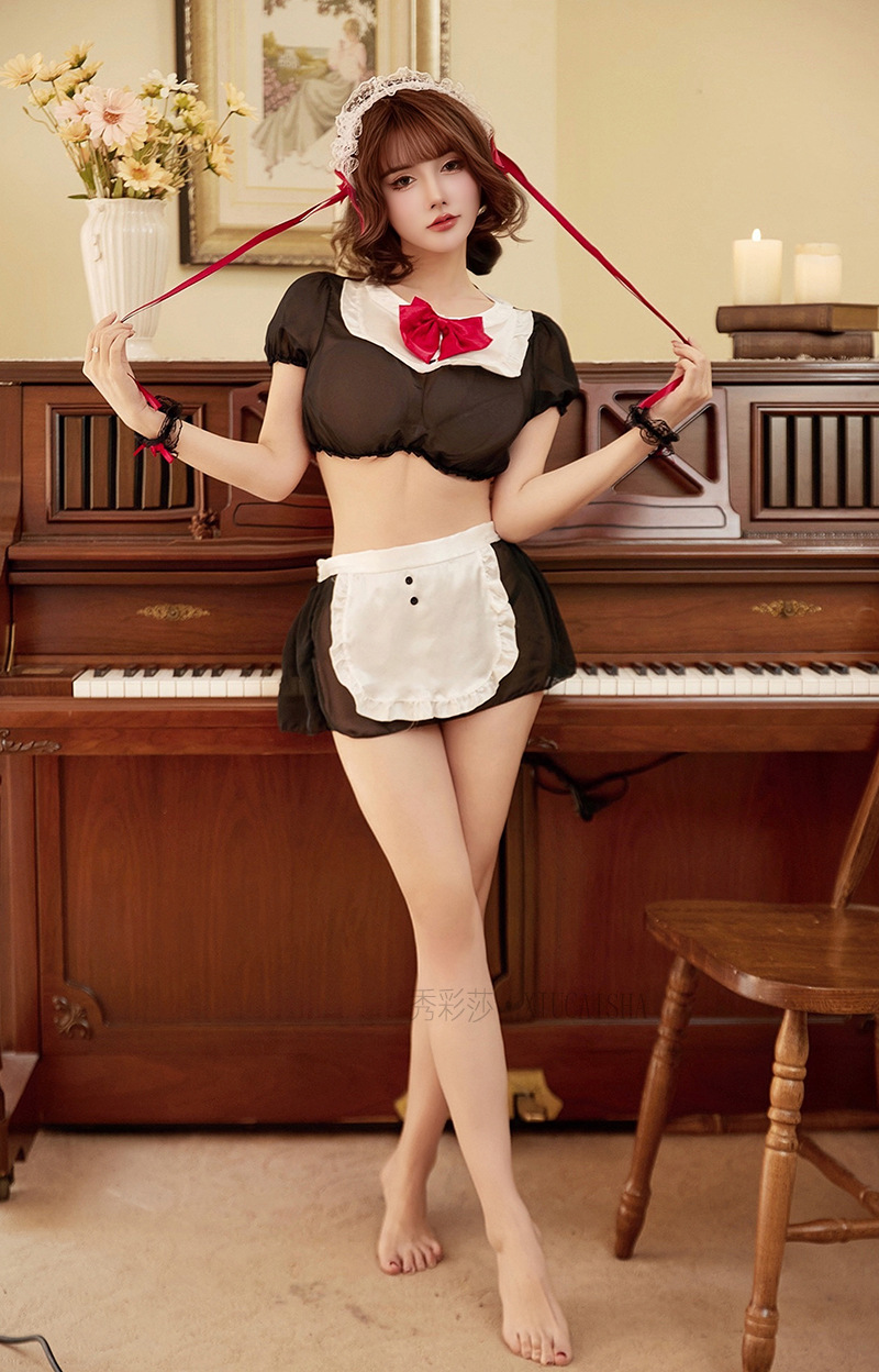 Maid Roleplay Lingerie Set with Headpiece, Top, Skirt, Thong and Wristbands — detail image 11