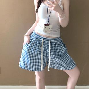 Korean Style Blue and White Plaid Short Pajamas for Women 2025 Summer New Style Lazy Loose Casual Beach Hot Pants Can Be Worn Outside
