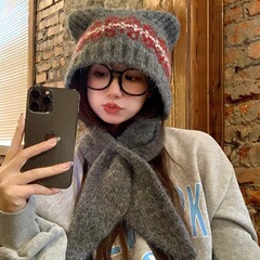 显脸小可爱羊毛混纺毛线小熊帽子女冬护耳围巾一体帽保暖针织帽子