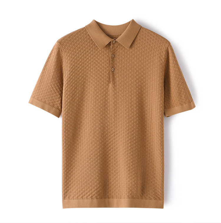 Áo thun nam tay ngắn cổ POLO chất liệu tơ tằm pha len dệt kim mỏng nhẹ — Màu camel, Màu trắng, Màu xám, Màu đen chi tiết 14