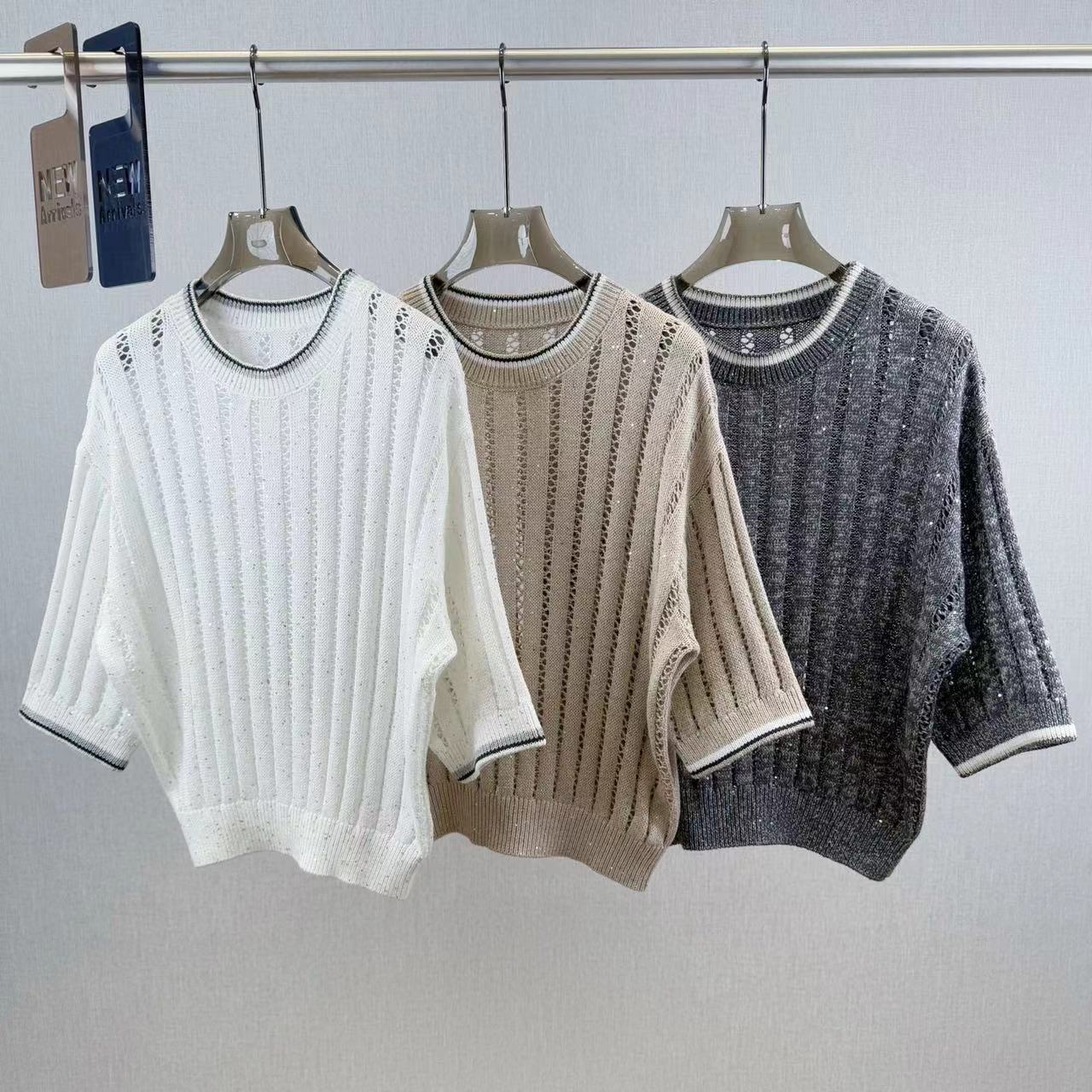 B*C 2025 Spring and Summer New Mesh Sequin Round Neck Sweater Women's Fashion Loose Half Sleeve Hollow Top