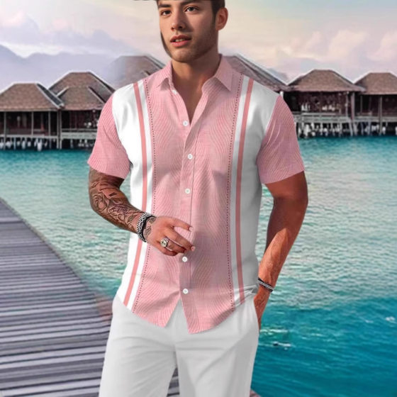 Cross-border European and American Men's Shirt New Summer Thin Breathable Beach Casual Printed Striped Short-sleeved Shirt for Men