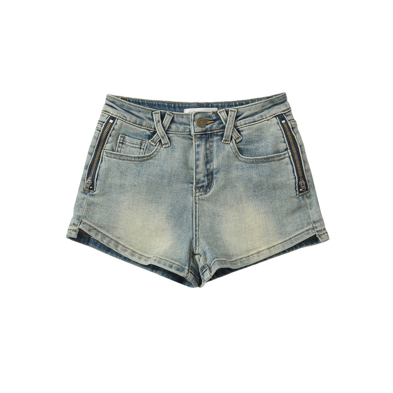 Summer European and American Retro Denim Shorts for Women, Sexy Hot Girl Style, Low Waist, Hip-Covering, Slimming Look, Zipper, A-Line Hot Pants, Side Pull