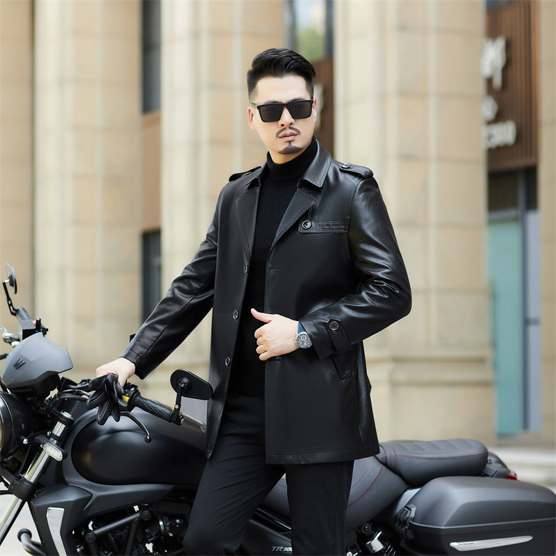 Autumn and Winter new fleece-lined thickened long genuine leather coat men's suit collar sheepskin coat men's leather trench coat
