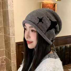 韩版抽绳堆堆帽子女秋冬毛线帽大头围显脸小包头针织百搭保暖护耳