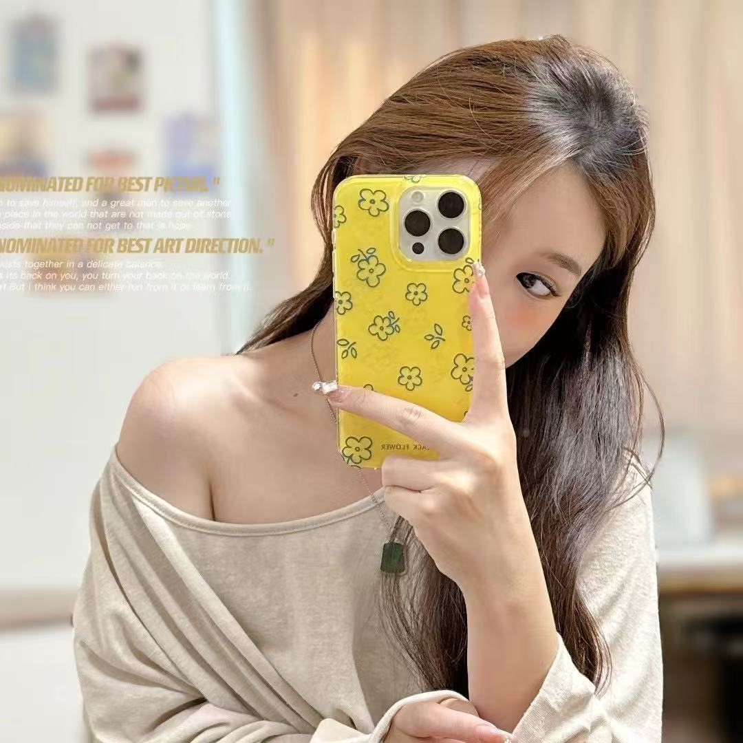 Flores de línea amarilla fresca de verano para iPhone15 Apple 16ProMax funda para teléfono móvil 14 mujeres 13 nuevo