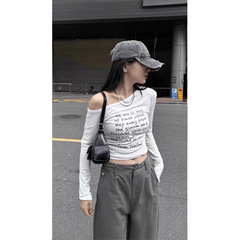 ディザトーン260グラムを提供して、アメリカのレトロなアルファベットのプリントが肩の長袖tシャツの女性の新しい上着をカットします。