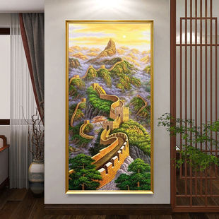 Hand-Painted Oil Painting of the Great Wall of China, Chinese-Style Feng Shui Backdrop for Living Room Entrance Decoration, Simple Corridor Vertical Hanging Painting