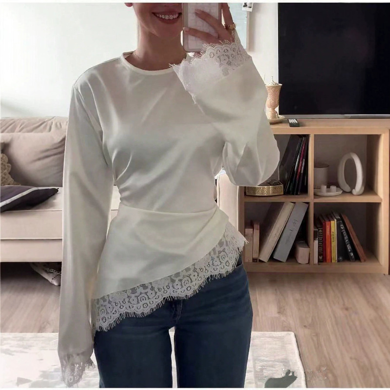 Cross-Border European and American Women's Clothing 2026 Amazon Tk New Style Satin Lace Patchwork Irregular Hem Tie-Up Shirt Cross-Border European and American Women's Clothing 2026 Amazon Tk New Style Satin Lace Patchwork Irregular Hem Tie-Up Shirt