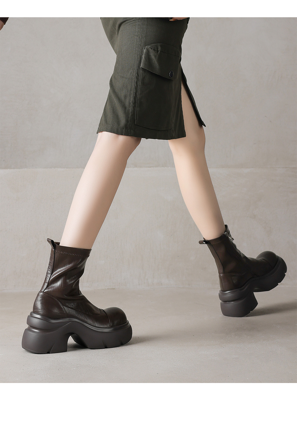 Boot nữ cổ thấp đế dày gót vuông co giãn da thật mùa thu đông — Lớp lót nhung màu nâu, nhung đen, Li đơn màu nâu, Lớp lót đơn màu đen chi tiết 13