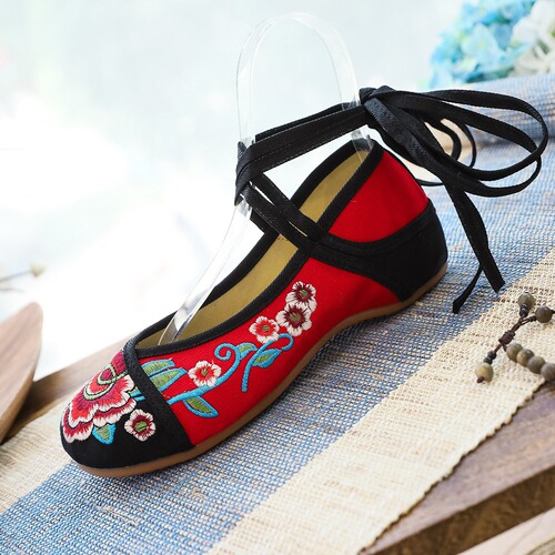 Spring and autumn tendon bottom contrasting color anklet lace-up low-heeled cloth shoes ethnic style embroidered women's shoes