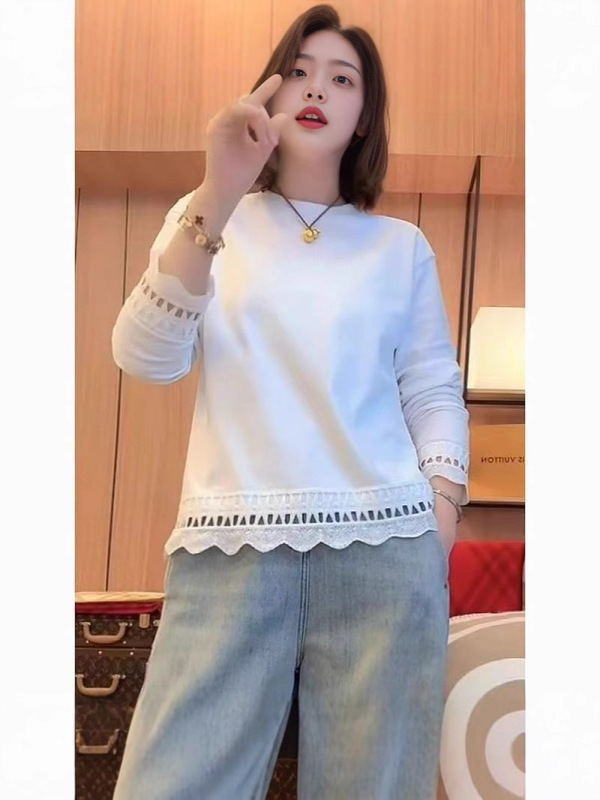 Derong 220g High-End Lace Splicing Long-Sleeved T-Shirt Women's Large Size 20 Bottoming Shirt, Fashionable and Unique Top