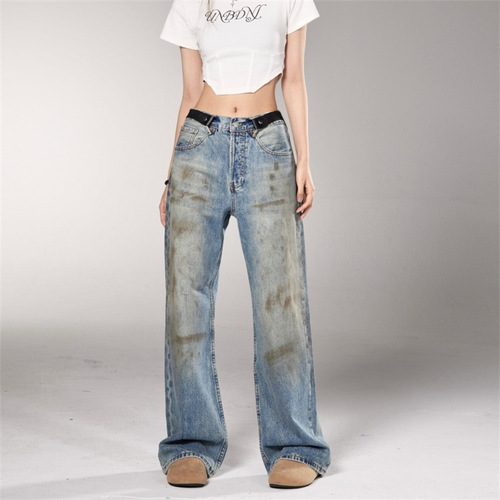 Vintage American Retro Niche Design Men's and Women's Washed Distressed Punk-Chic Wide-Leg Straight Leg Dirty Jeans