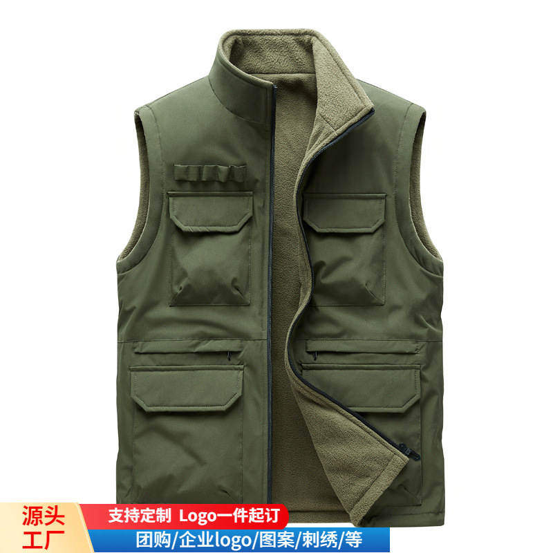 跨境加绒马甲男户外坎肩休闲秋冬双面穿摄影钓鱼背心马夹定制Logo