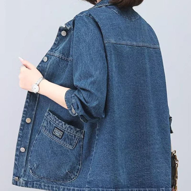 牛仔外套女春秋休闲大码中年妈妈短款春秋牛仔棉衣外套深蓝色常规|undefined