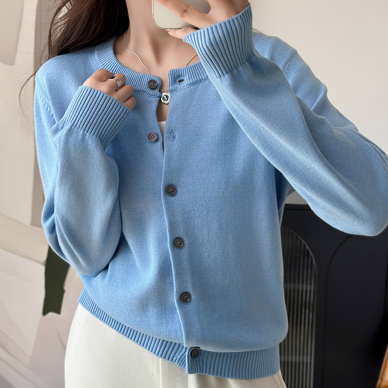 High-Density 100% Cotton Round Neck Classic Small Cardigan Top 2025 Spring & Fall Outer Knitwear Sky Blue Knitwear for Women