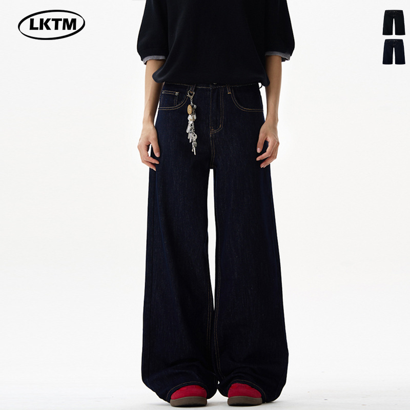 Men's American Vintage Straight Leg Jeans Classic Deep Blue And Black Denim Pants for Relaxed Fit_viptrois.com