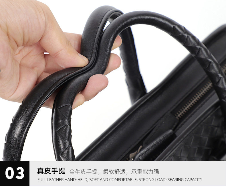 Túi xách nam da bò thật dệt tay cao cấp 40×13×29 cm, túi đeo vai công sở — Màu đen chi tiết 21