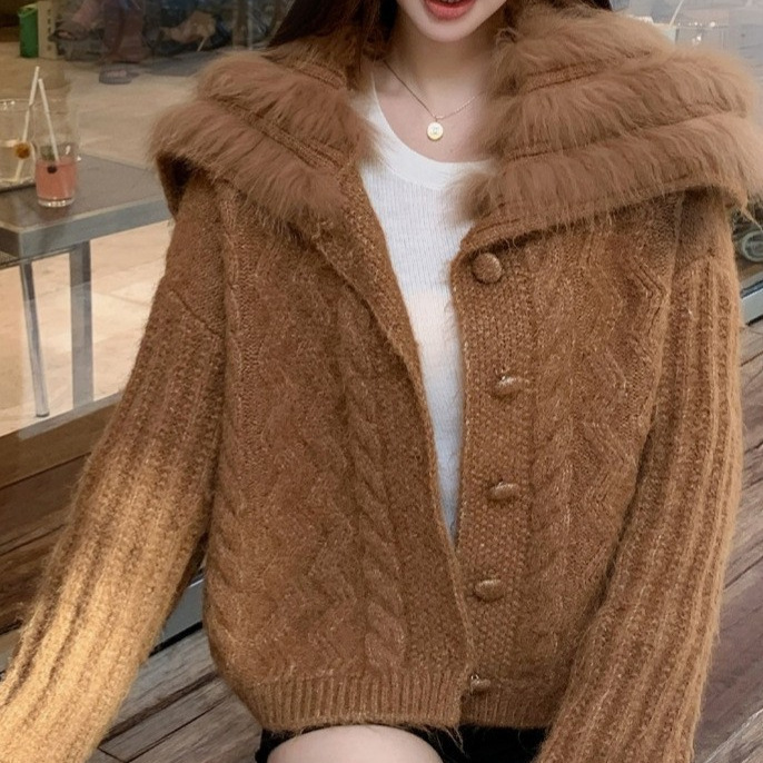 Korean-style large fur collar shawl collar sweater coat for women, autumn loose casual style, single-breasted cable knit cardigan Korean-style large fur collar shawl collar sweater coat for women, autumn loose casual style, single-breasted cable knit cardigan