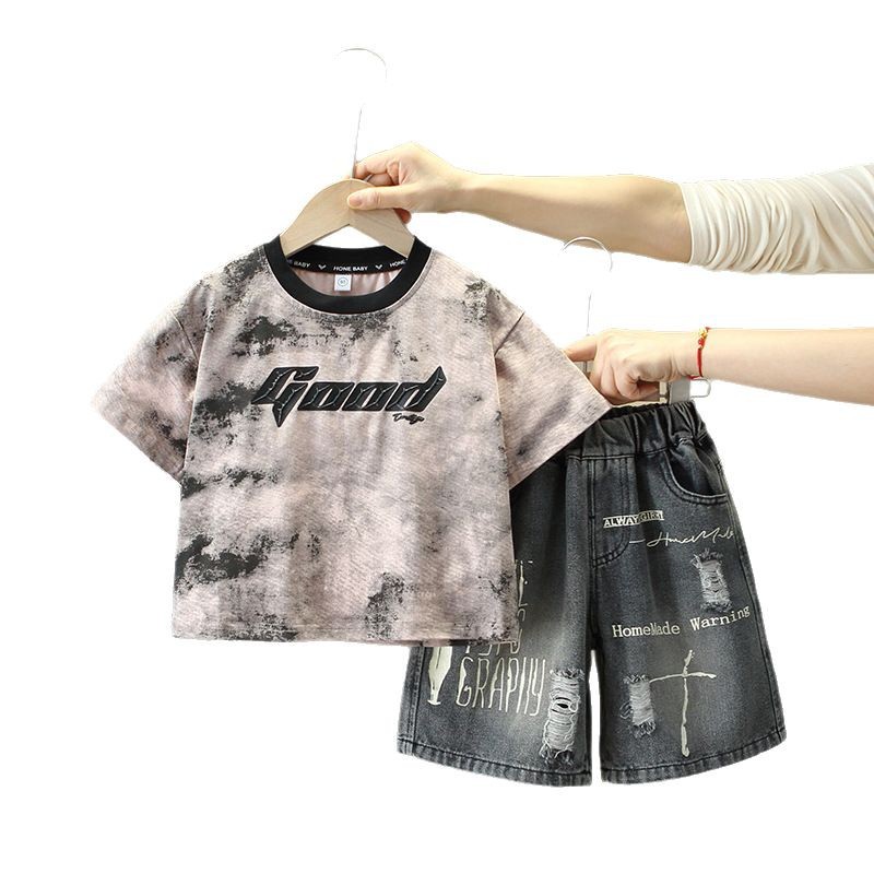 7909 traje de verano para niños 2025 nuevos pantalones cortos de mezclilla de verano para niños de dos piezas ropa de moda occidental para bebés