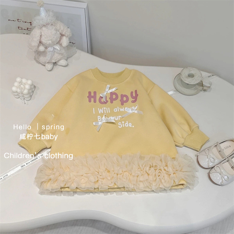 Vestido de niñas otoño y invierno letras extranjeras impresión arco y camisa de lana vestido de malla para niños