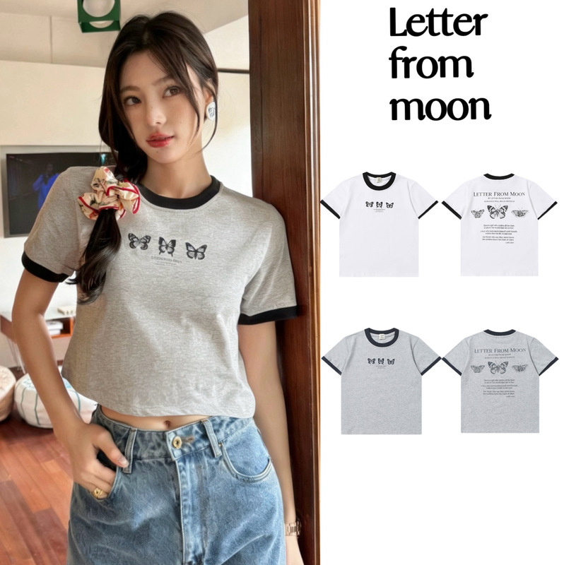 In-Stock Korean Letter from Moon Short-Sleeve Women's Color-Block Butterfly Embroidery Slim-Fit Regular Shoulder T-Shirt Summer Fashion
