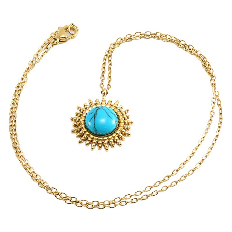 Europeo y Americano transfronterizo nuevo azul turquesa redondo colgante de acero inoxidable mujeres Comercio exterior simple ins estilo titanio acero 18K collar