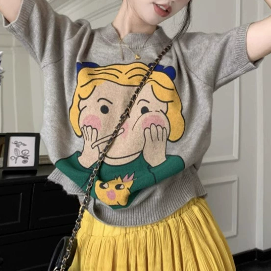 Мультяшный принт трикотажная рубашка с короткими рукавами женская летняя 2025 новая свободная тонкая короткая верхняя часть с верхним вырезом