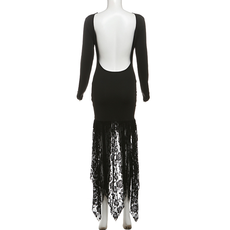Winter Women Clothing Trendy Long Sleeve Irregular Asymmetric Lace Stitching Sexy Backless