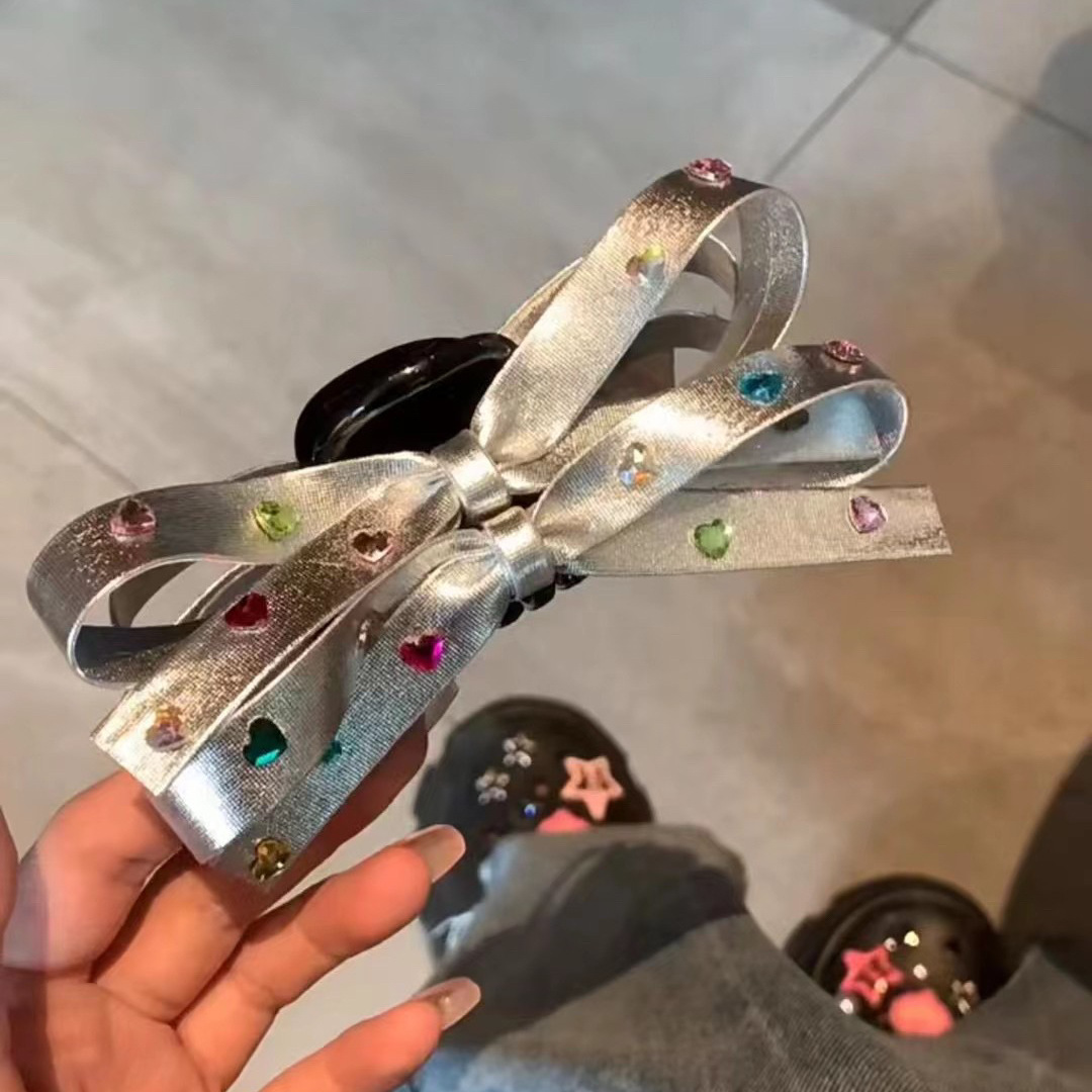 Sweet Cool Product color diamond silver leather double-layer bow hair grip clip niche light luxury shark catch