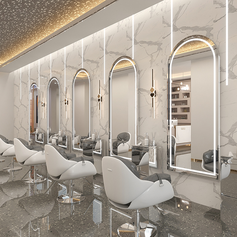 Barbería en línea tabla de espejo salón especial tipo pared simple barbería espejo de piso LED tabla de espejo de escaldado control táctil
