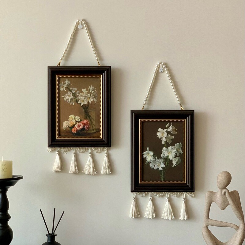 New Chinese-Style Retro Bead Curtain Photo Frame, Lautur Oil Painting Decorative Painting for Dining Room, Bedroom, Headboard, Sofa Background Wall Hanging