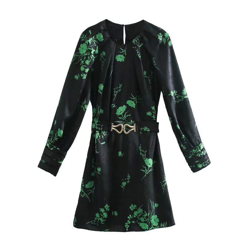 new round neck printing long sleeve belt dress  NSAM28411