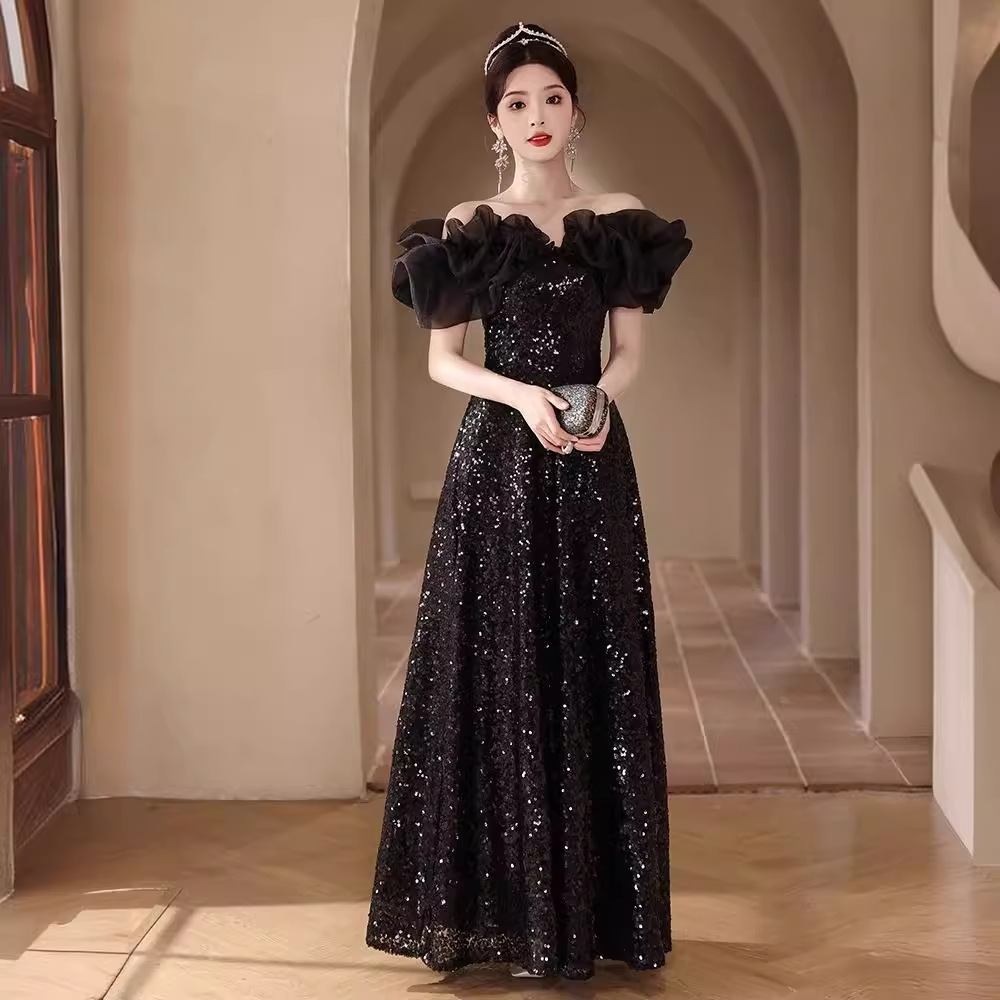 Black Sequin Evening Dress French off-shoulder Birthday Gift A- line Slimming Dress Host Banquet Evening Dress