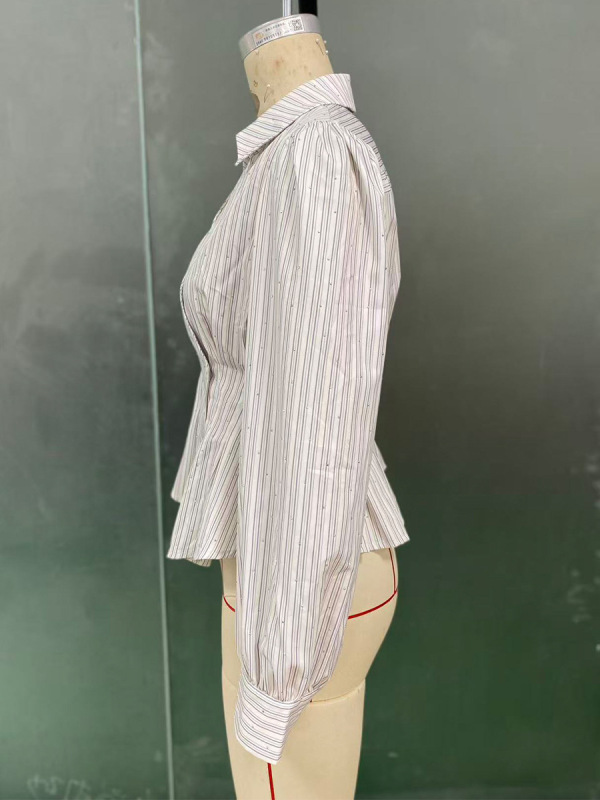 瑞逅欧美气质收腰长袖衬衫2025秋季新款亚马逊外贸条纹衬衣开衫女|undefined