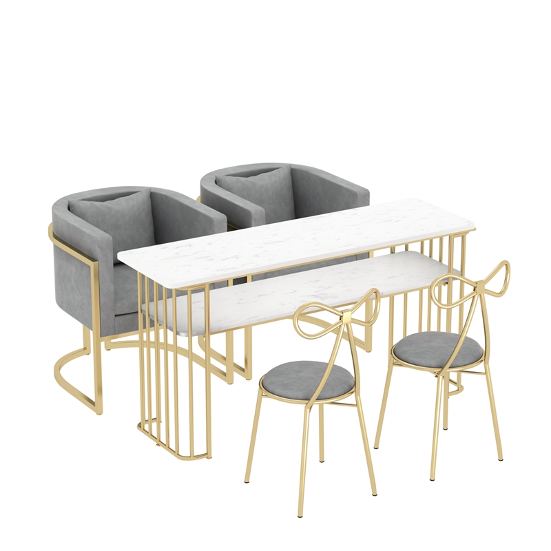 Nórdico de hierro forjado de doble capa de mesa de manicuras de mármol, sofá y silla red, mesa de manicuras de oro para una persona doble
