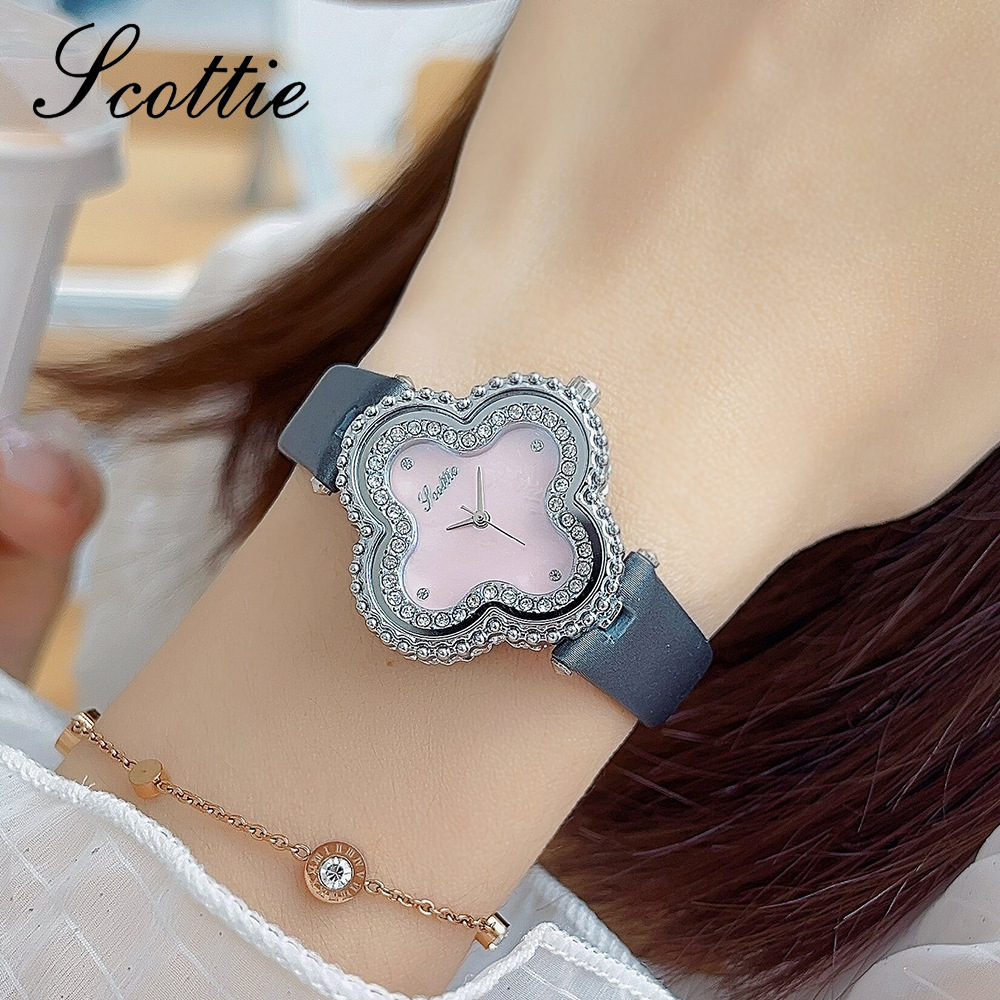 Women's Four Leaf Clover Watch With Leather Strap Shell Dial Niche Luxury Quartz Movement Live Streaming_voghion.com