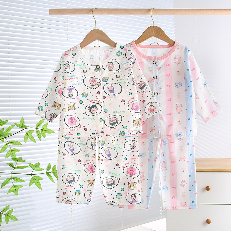 2026 New Children's Home Wear Set Summer Three-Quarter Sleeve Cartoon Pajamas Thin Air-Conditioned Clothing for Boys and Girls Wholesale
