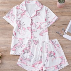 国境を越えた貿易ヨーロッパとアメリカの女性のパジャマセットエビプリント半袖ショーツホーム服ゆったりと快適なカーディガンラペル