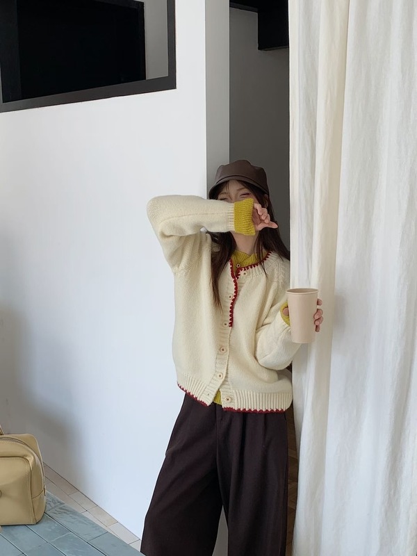 小个子韩系圆领彩扣设计感针织开衫女秋冬季新款宽松毛衣外套加厚|undefined